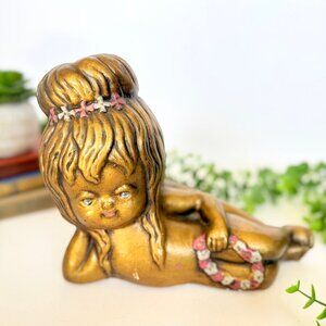 Vintage MCM Tiki Hula Girl Kitschy Gold Toned Plaster Cherub White Elephant Gift